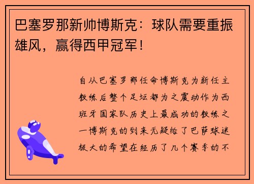 巴塞罗那新帅博斯克：球队需要重振雄风，赢得西甲冠军！