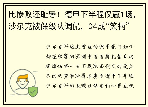 比惨败还耻辱！德甲下半程仅赢1场，沙尔克被保级队调侃，04成“笑柄”