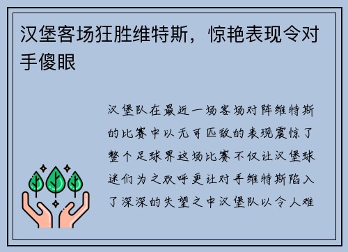 汉堡客场狂胜维特斯，惊艳表现令对手傻眼