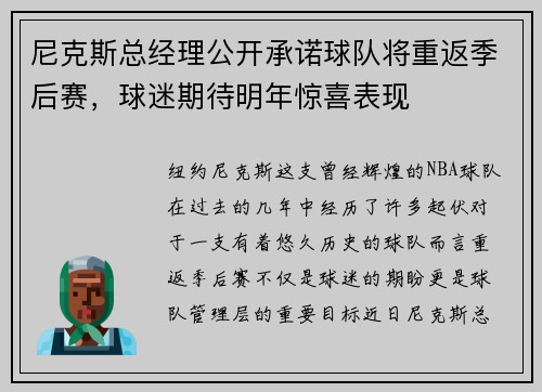 尼克斯总经理公开承诺球队将重返季后赛，球迷期待明年惊喜表现