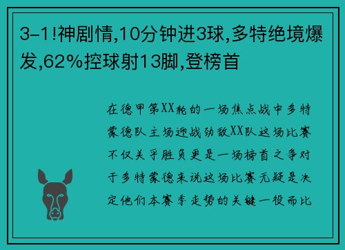 3-1!神剧情,10分钟进3球,多特绝境爆发,62%控球射13脚,登榜首