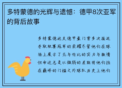 多特蒙德的光辉与遗憾：德甲8次亚军的背后故事