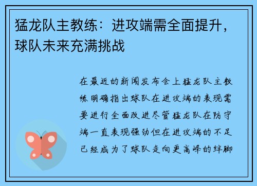 猛龙队主教练：进攻端需全面提升，球队未来充满挑战