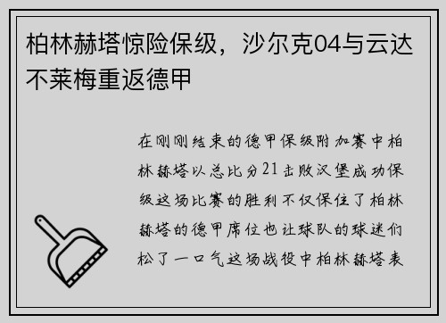 柏林赫塔惊险保级，沙尔克04与云达不莱梅重返德甲